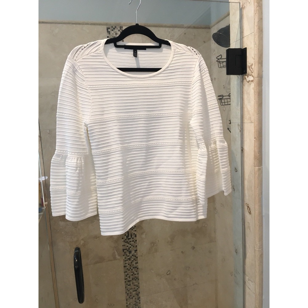 White House Black Market White Knit Bell Sleeve 70s Look Sweater Womens Size M